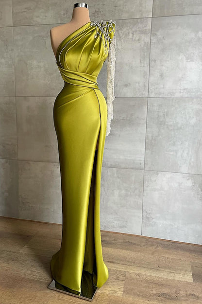 Glamorous One Shoulder Green Prom Dress With Sparkling Stones | Zelldresses