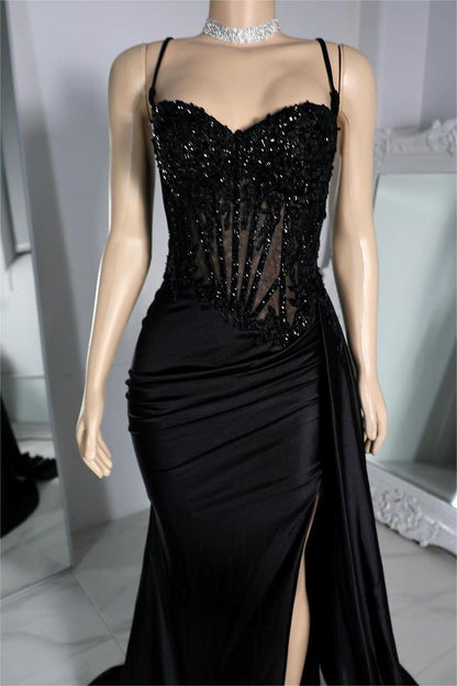 Hellodresses Exquisite Black Spaghetti Strap Sleeveless Pleated Long Split Prom Dress With Beading
