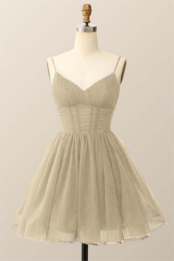 Dark Navy Tulle Spaghetti Strap Sleeveless Pleated A-Line Homecoming Dress HC0019