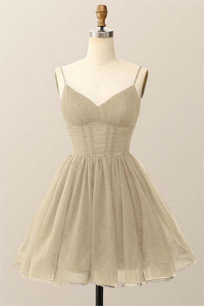 Dark Navy Tulle Spaghetti Strap Sleeveless Pleated A-Line Homecoming Dress HC0019