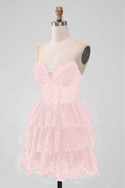 Black Sequins Spaghetti Strap Sleeveless Short Homecoming Dress With Ruffles HC0017