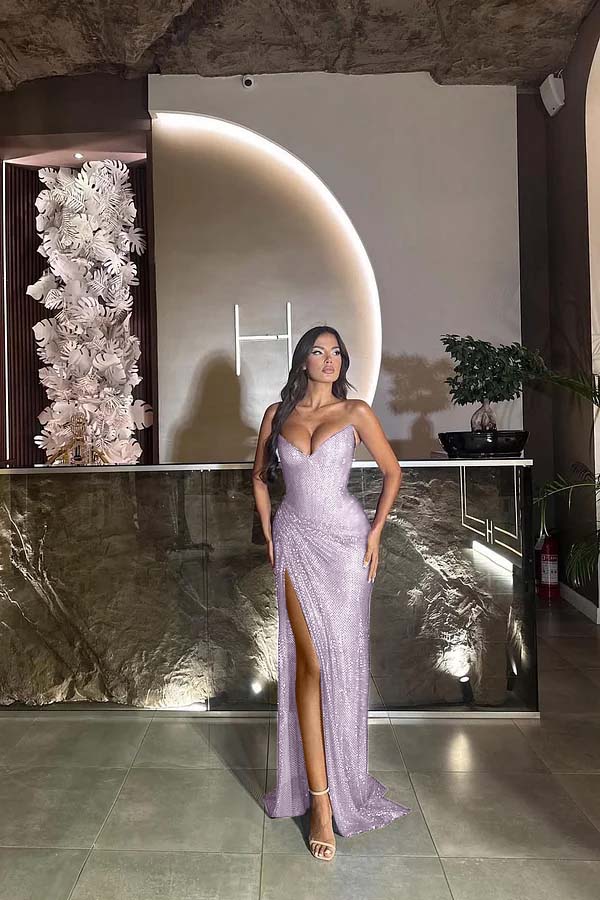 Sequin Strapless Sleeveless Long Split Prom Dress With Pleated ZT0524