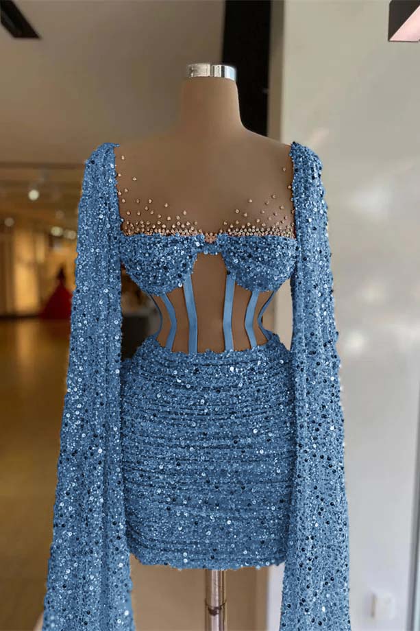 Hellodresses Sequins Square Long Sleeves Pleated Short Homecoming Dress With Beadings