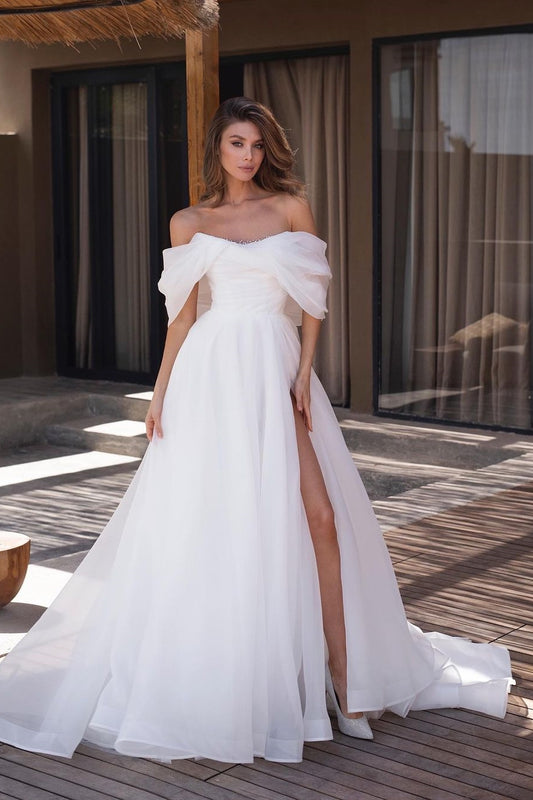 Glamorous Simple White Off-the-shoulder High Slit Prom Dress With Tulle | Zelldresses