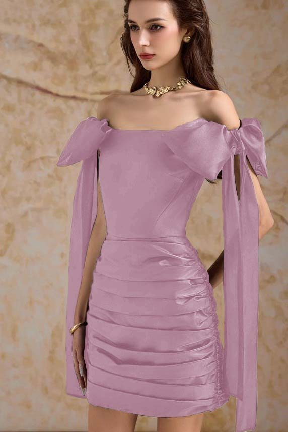 Off the Shoulder Sleeveless Short Homecoming Dress With Bowknot Pleated HC0188