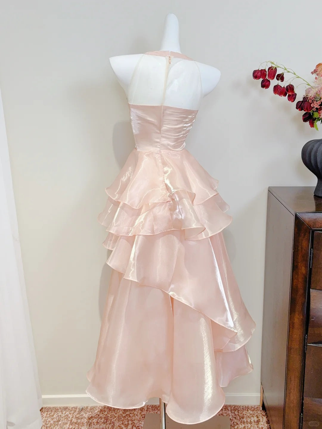 Dreamy Pink A-line Halter Neck Ruffled Satin Prom Dress Evening Dress Bridesmaid Dress P4074