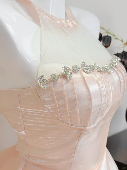 Dreamy Pink A-line Halter Neck Ruffled Satin Prom Dress Evening Dress Bridesmaid Dress P4074