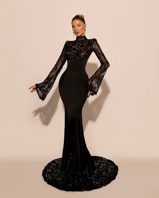 Luxurious Black High Neck Lace Long Sleeves Mermaid Prom Dress YK0572