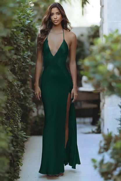Halter Deep V Neck Sleeveless Backless Long Split Prom Dress XJ0378