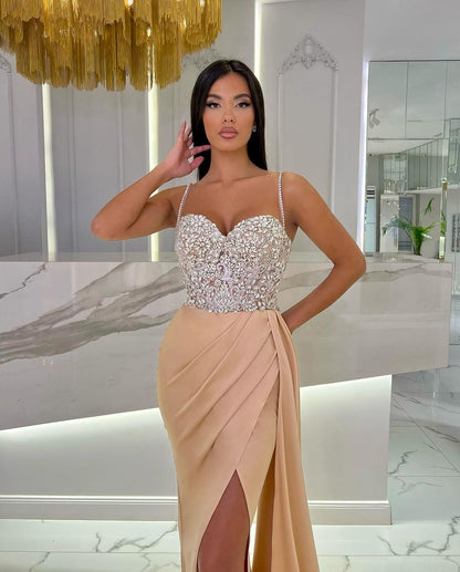 Baby Blue Prom Dress With High Slit Spaghetti Strap Sweetheart Appliques YL0309