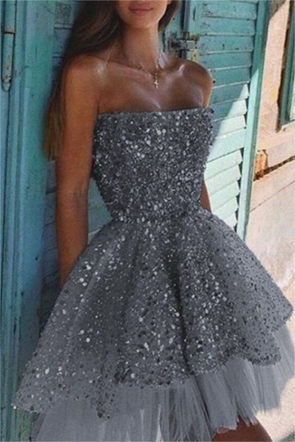 Shining Silver Sequins Strapless Sleeveless A-Line Homecoming Dress with Ruffles HC0028