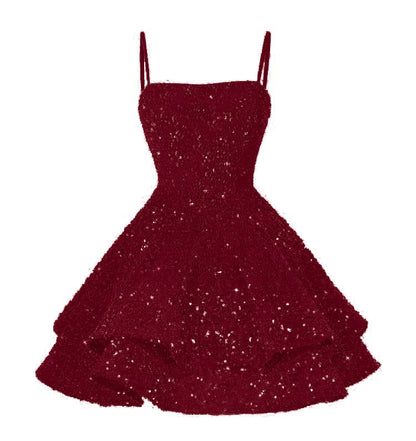 Light Pink Sequins Spaghetti Strap Sleeveless Short Homecoming Dress with Ruffles YO070