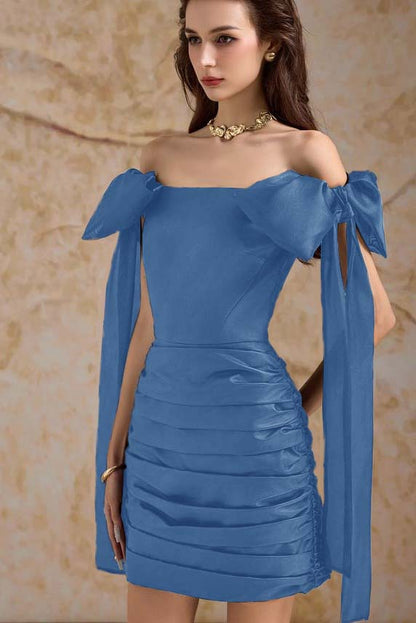 Off the Shoulder Sleeveless Short Homecoming Dress With Bowknot Pleated HC0188