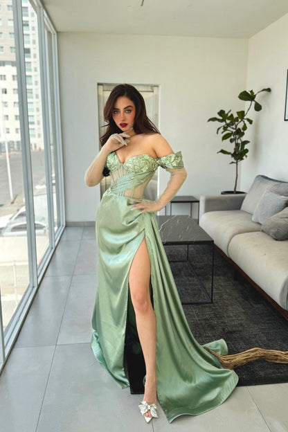 Beautiful Green Satin Off the Shoulder Strapless Long Split Prom Dress with Applique | Zelldresses