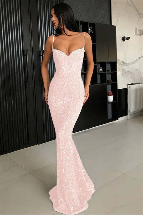 Chic Spaghetti-Straps Mermaid Black Prom Dress With Sequins | Zelldresses