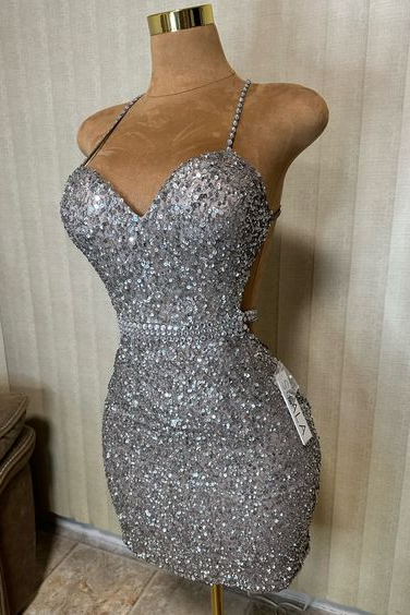Sequins Spaghetti Strap Sleeveless Short Homecoming Dress With Beading HC0129