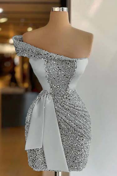 Hellodresses Sleeveless One Shoulder Short Sequins Homecoming Dress Pleated With Belt