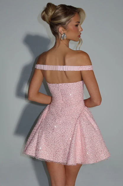 Shinning Pink Off-the-Shoulder Homecoming Dress Mini with Sequins CY0152