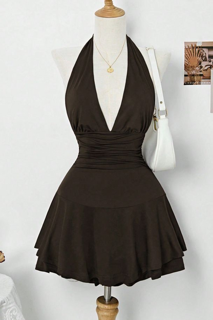 Halter Deep V Neck Sleeveless Short Homecoming Dress With Pleated HC0167