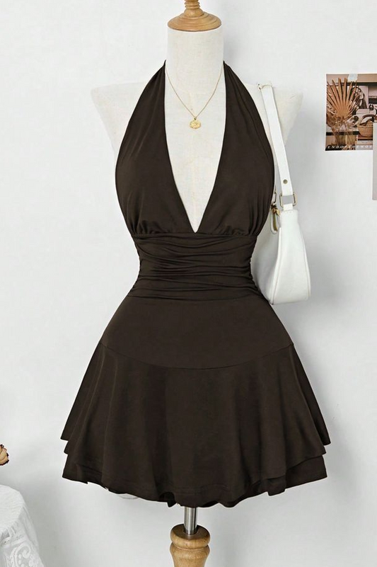 Halter Deep V Neck Sleeveless Short Homecoming Dress With Pleated HC0167