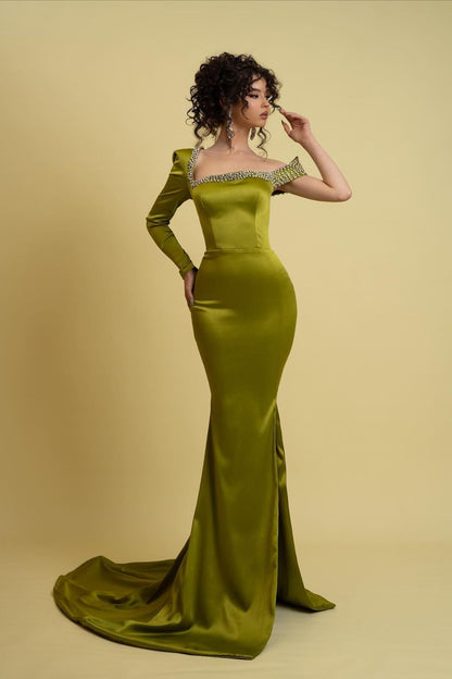 Sage Green Prom Dress Charmeuse One Shoulder Mermaid Beaded With Slit YL0264