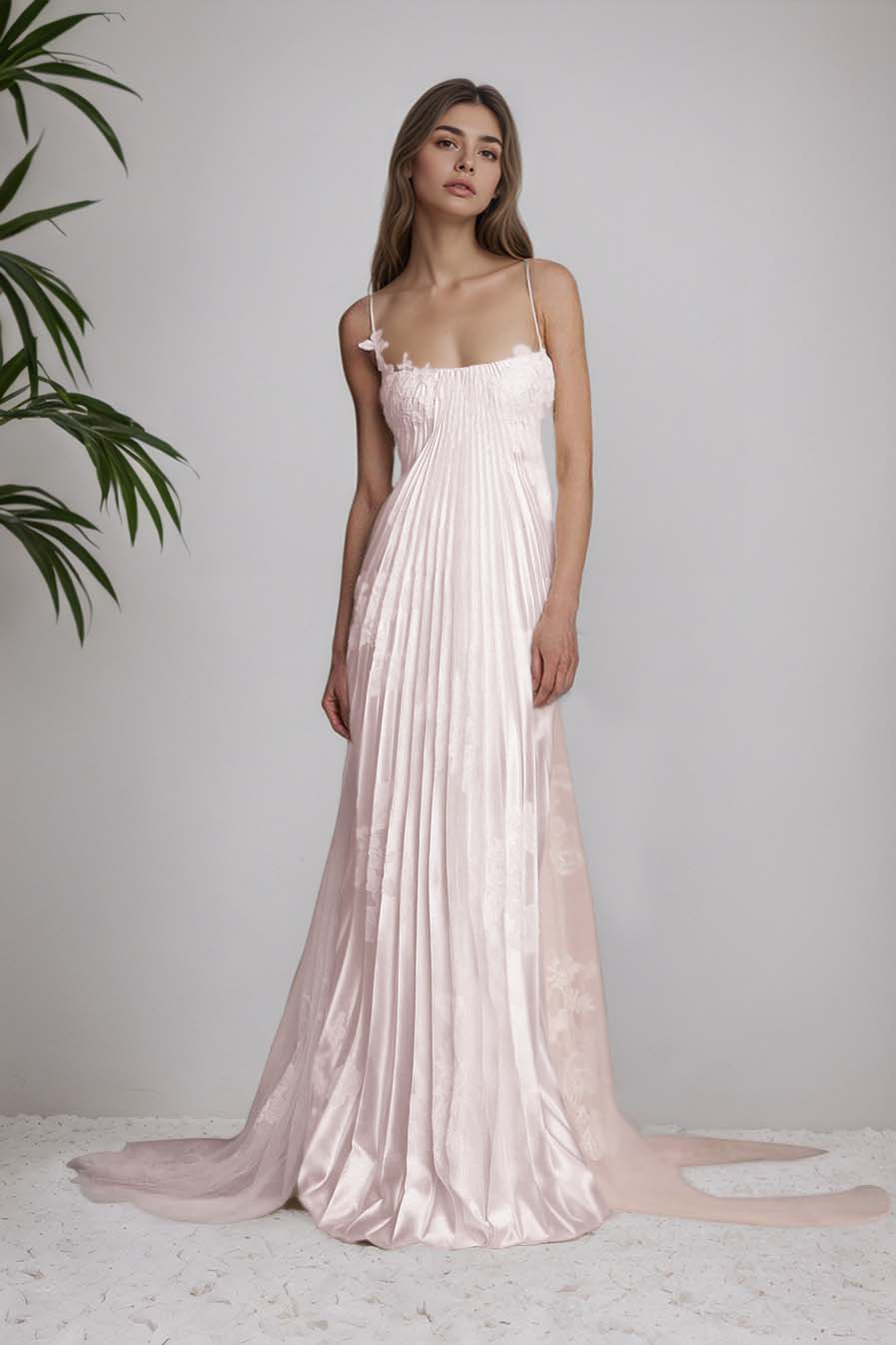 Stunning Spaghetti-Straps Pleated Sheath Appliques Prom Dress With Detachable Train XJ0176
