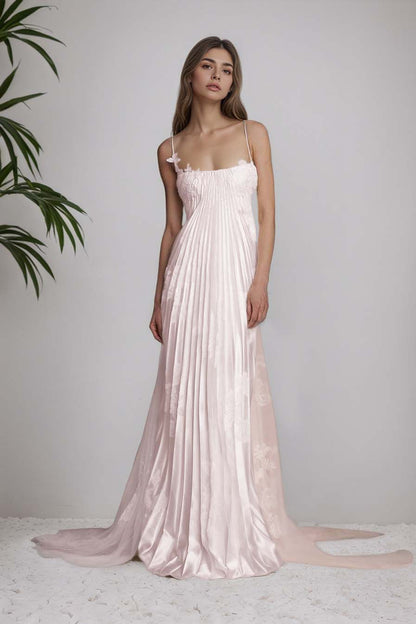Stunning Spaghetti-Straps Pleated Sheath Appliques Prom Dress With Detachable Train XJ0176