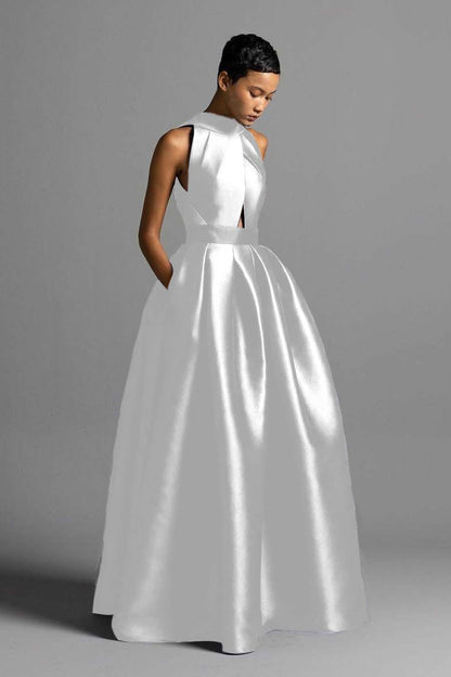 Exquisite Royal Blue Satin Halter Strapless Sleeveless A Line Prom Dress with Pleated | Zelldresses