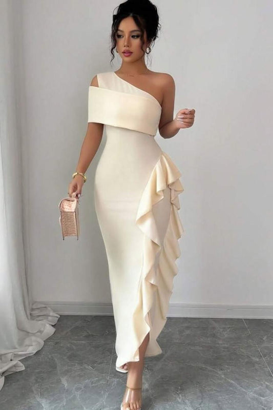 One Shoulder Sleeveless Long Split Prom Dress With Pleated Ruffles XJ0748