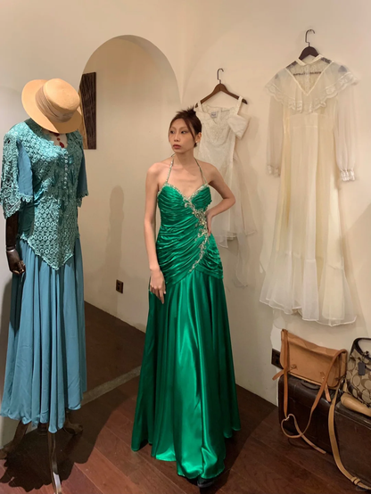 Vintage A Line Halter Pleated Beaded Sequin Emerald Satin Open Back Prom Dress Evening Dress SH2973