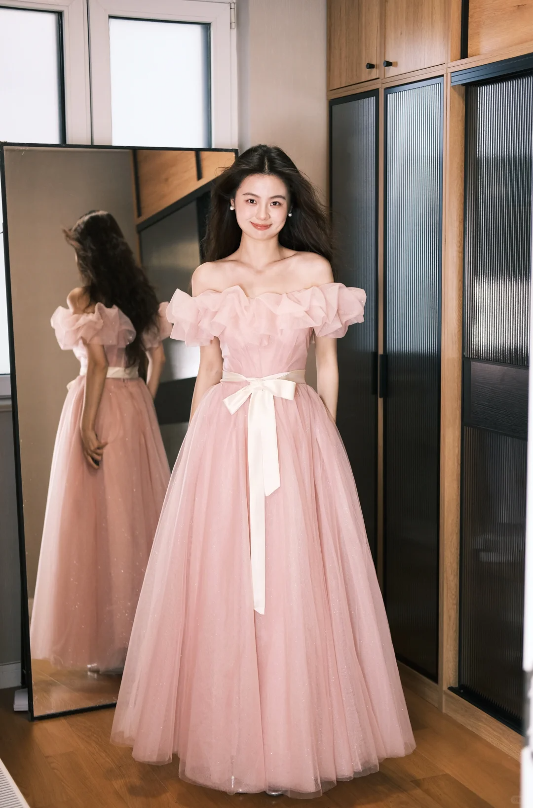 Elegant A Line Off the Shoulder Pink Tulle Long Party Dress Wedding Guest Dress SH2928