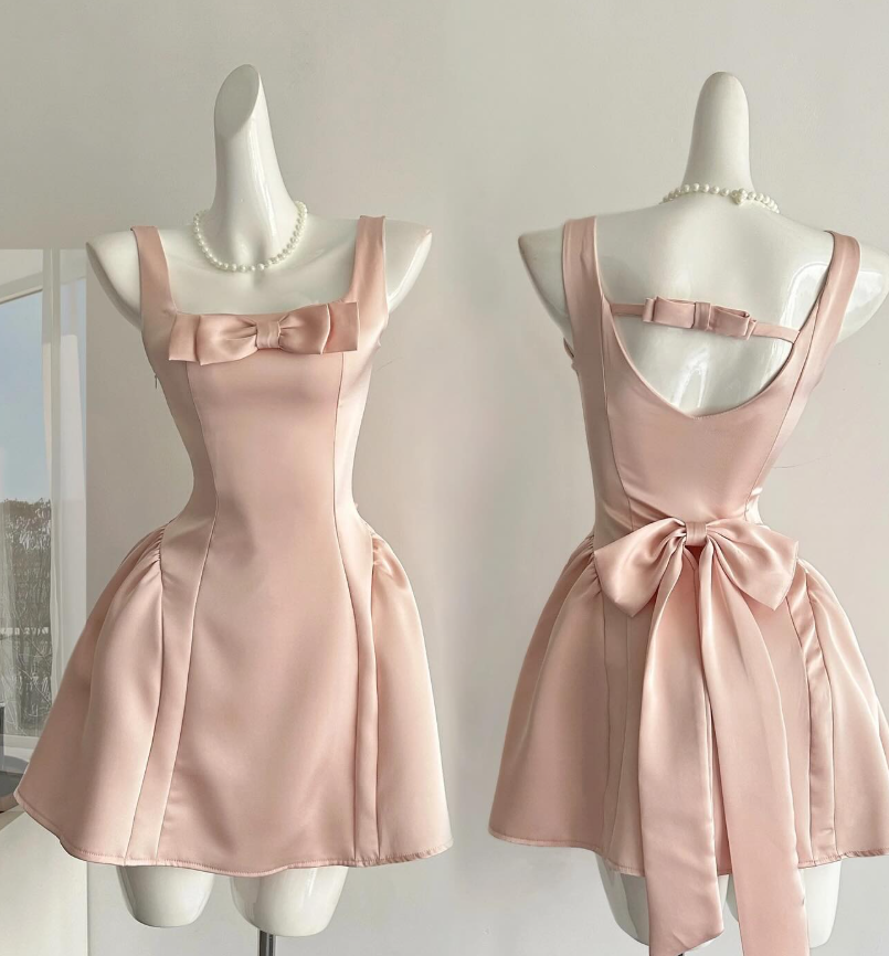 Cute A Line Straps Bow Light Pink Satin Short Homecoming Dress Cocktail Dress SH3052