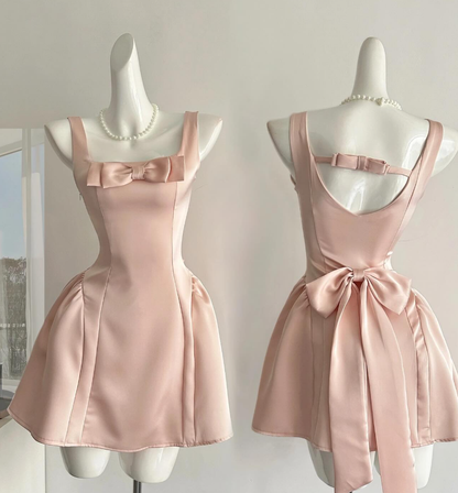 Cute A Line Straps Bow Light Pink Satin Short Homecoming Dress Cocktail Dress SH3052
