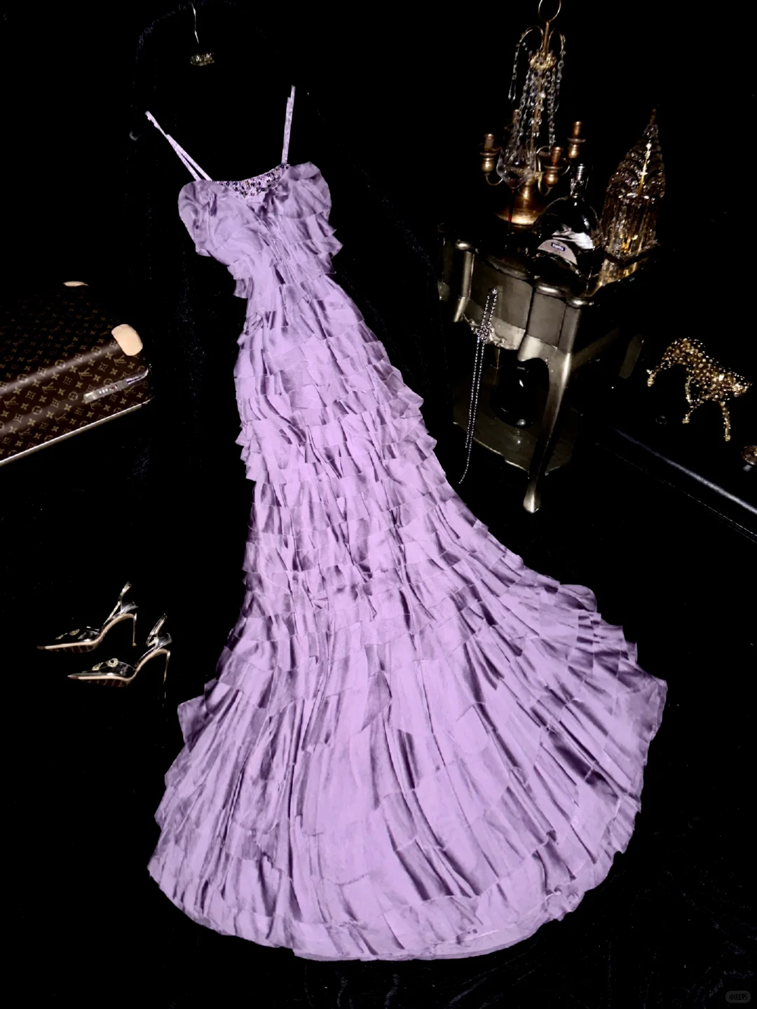 Vintage Mermaid Spaghetti Strap Purple Sequin Beaded Satin Long Sweep Party Dress Evening Dress SH3062