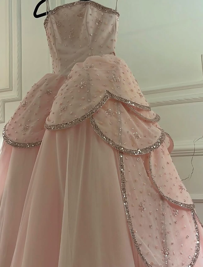 Pink A Line Strapless Tiered Beaded Tulle Party Dress Evening Dress Ball Gown SH2819