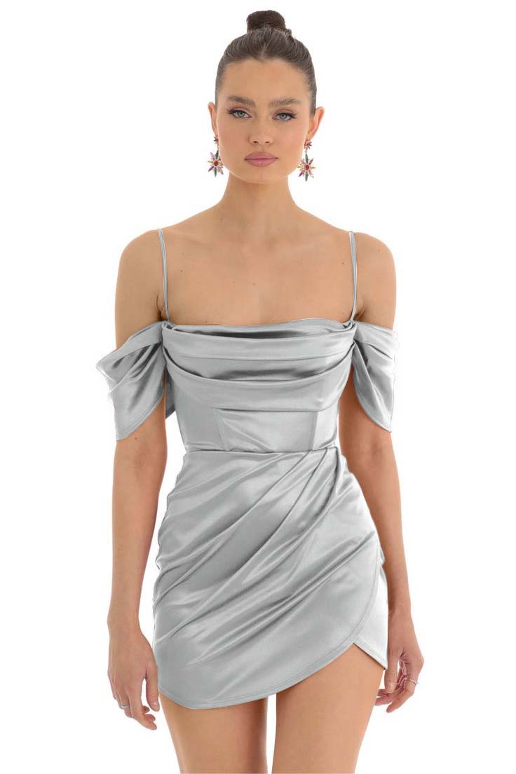 Hellodresses Simple Fuchsia Satin Spaghetti Strap Off the Shoulder Pleated Short Homecoming Dress