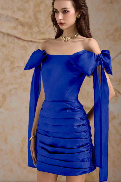 Off the Shoulder Sleeveless Short Homecoming Dress With Bowknot Pleated HC0188