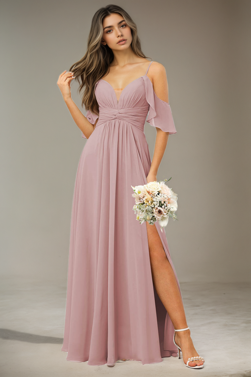 Flowing Straps Sleeveless Bridesmaid Dresses Floor Length with Split CK01