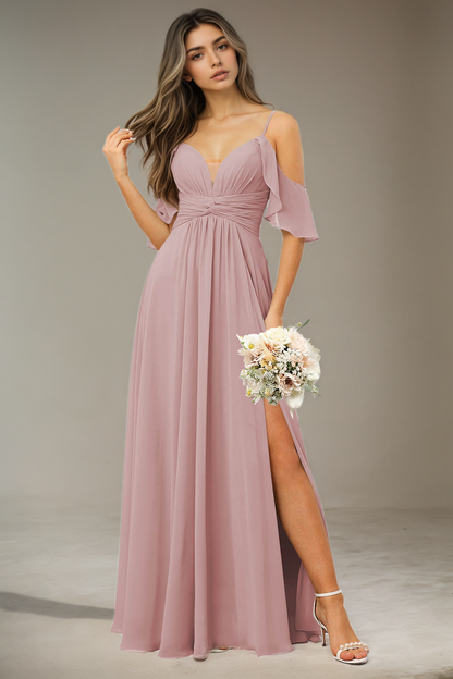 Flowing Straps Sleeveless Bridesmaid Dresses Floor Length with Split CK01