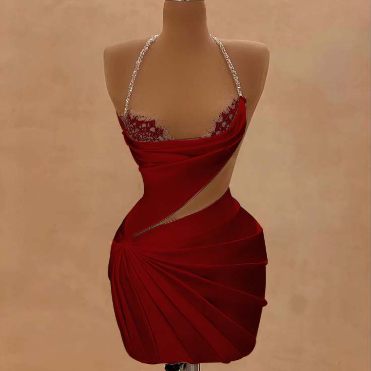 Halter Sleeveless Short Homecoming Dress With Beading Pleated HC0155