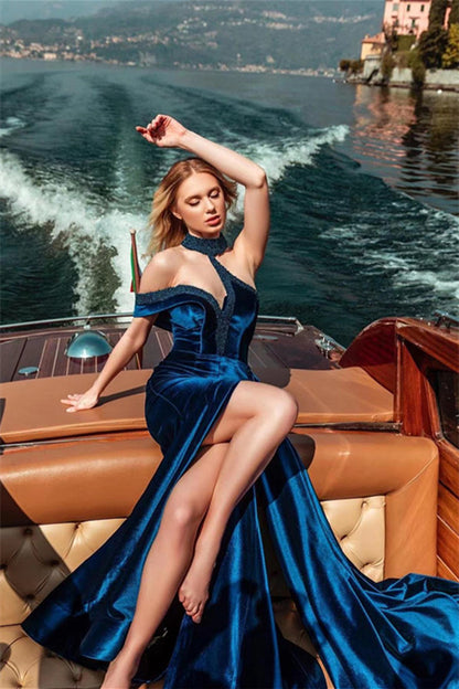 Royal Blue Prom Dress Sleeveless Halter Velvet Mermaid with Slit ED0412
