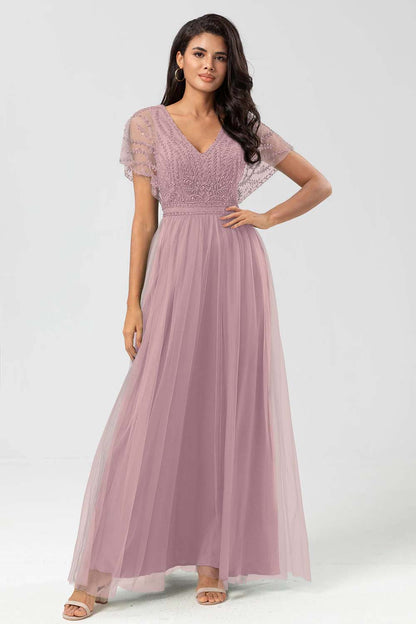 Green V Neck A Line Ankle Length Bridesmaid Dress with Lace YU0058