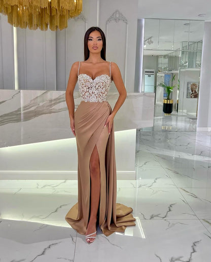 Baby Blue Prom Dress With High Slit Spaghetti Strap Sweetheart Appliques YL0309