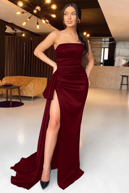 Black Satin Strapless Sleeveless Pleated Mermaid Split Prom Dress With Ruffles ED0086