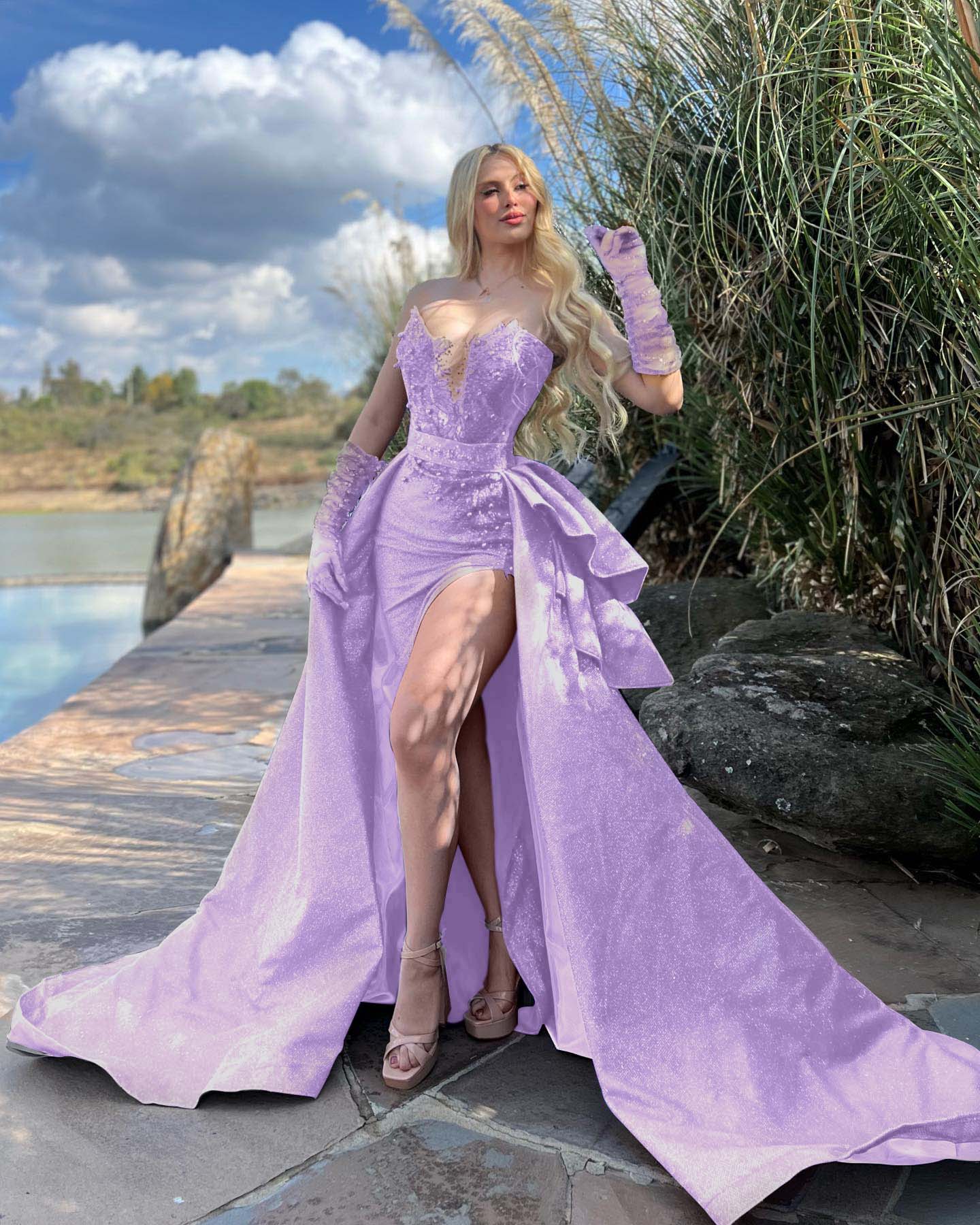 Strapless Sleeveless Long Split Prom Dress With Gloves Beading YB0072