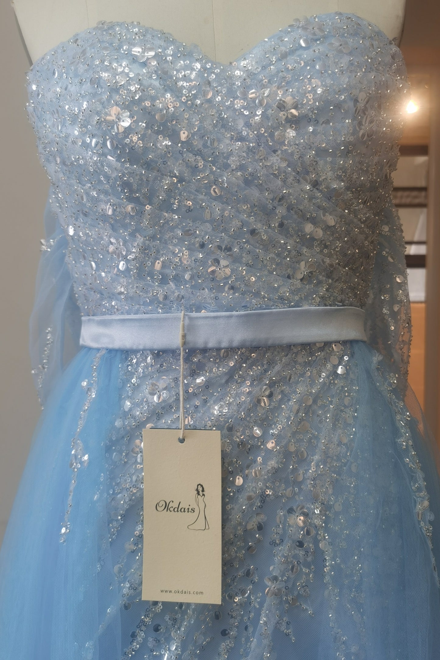 Off-the-Shoulder Sky Blue Prom Dress Sequins with Slit PD0576