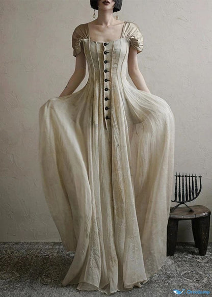 zelldressess-New Retro Elegant Square Neck Summer New Long Chiffon Prom Dress Evening Dress Retro Wedding Bridesmaid Dress gh5251