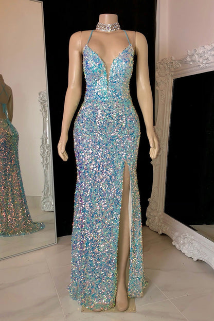 Amazing Spaghetti Straps Slit Sequins Evening Dress With Necklace | Hellodresses