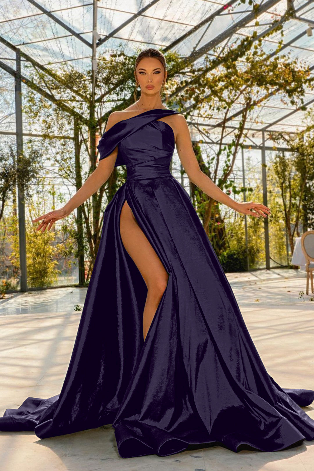 Green Prom Dress One Shoulder Satin With High Split YL0177