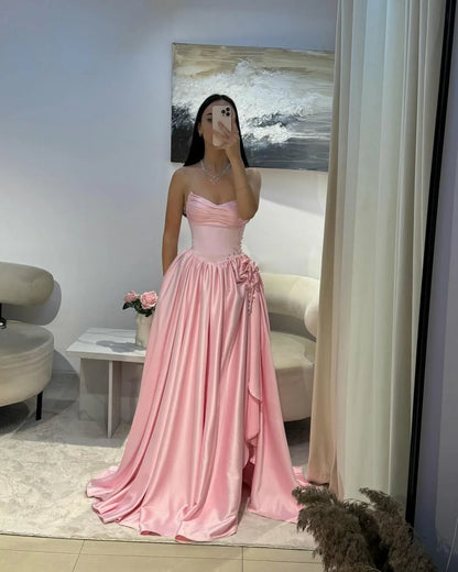 Elegant Pink Satin Strapless Beaded Sleeveless Pleated Split Prom Dress | Zelldresses